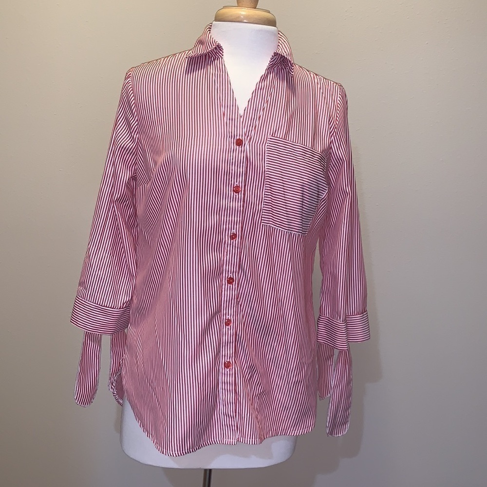 C. Established 1946 red/white striped blouse with tie sleeves, Small